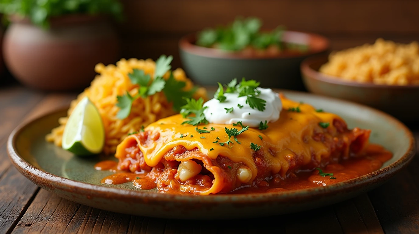 Golden-brown enchiladas topped with melted cheese, fresh cilantro, and a drizzle of sour cream, served on a rustic plate with Mexican rice and refried beans on the side.