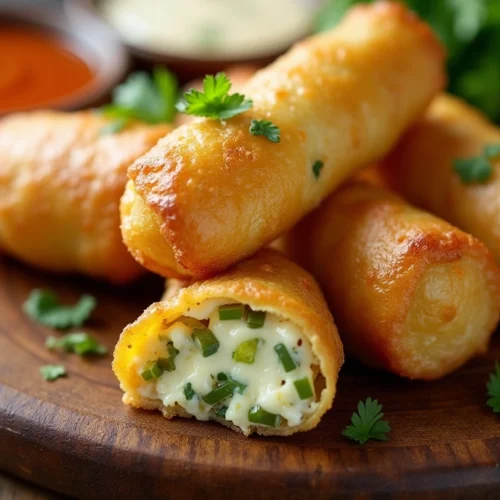 Crispy golden-brown egg rolls filled with creamy goat cheese and diced jalapeños, arranged on a rustic wooden platter with a side of dipping sauces