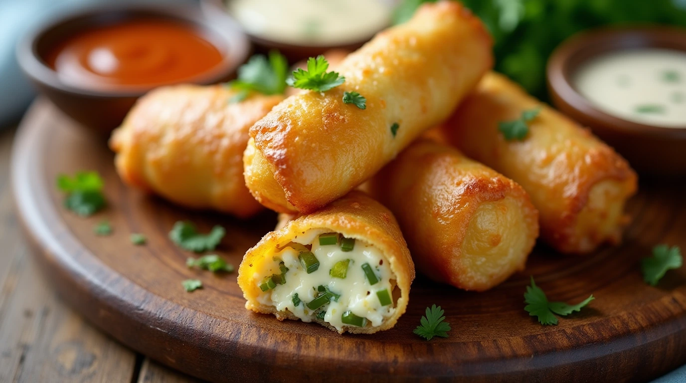 Crispy golden-brown egg rolls filled with creamy goat cheese and diced jalapeños, arranged on a rustic wooden platter with a side of dipping sauces.