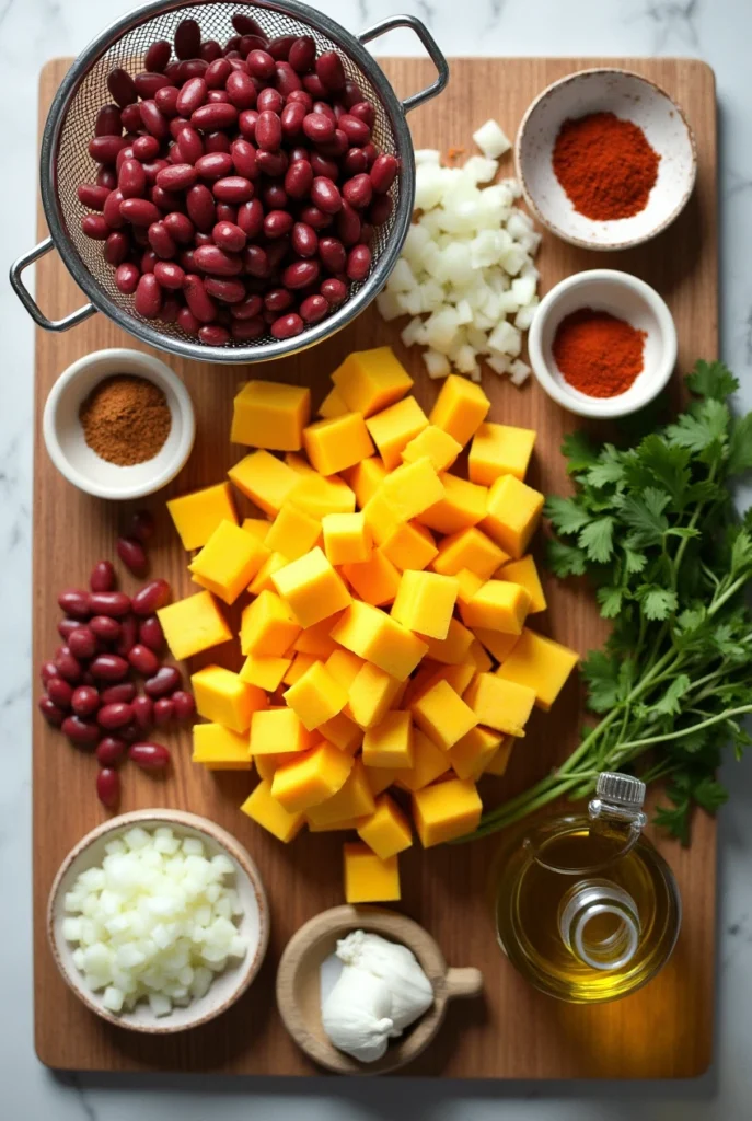 A vibrant flat-lay image of fresh ingredients for Recipe Squash and Kidney Beans, featuring diced golden squash, rinsed kidney beans, chopped onions, minced garlic, ground cumin, smoked paprika, olive oil, and fresh cilantro, arranged on a rustic wooden table with natural lighting.