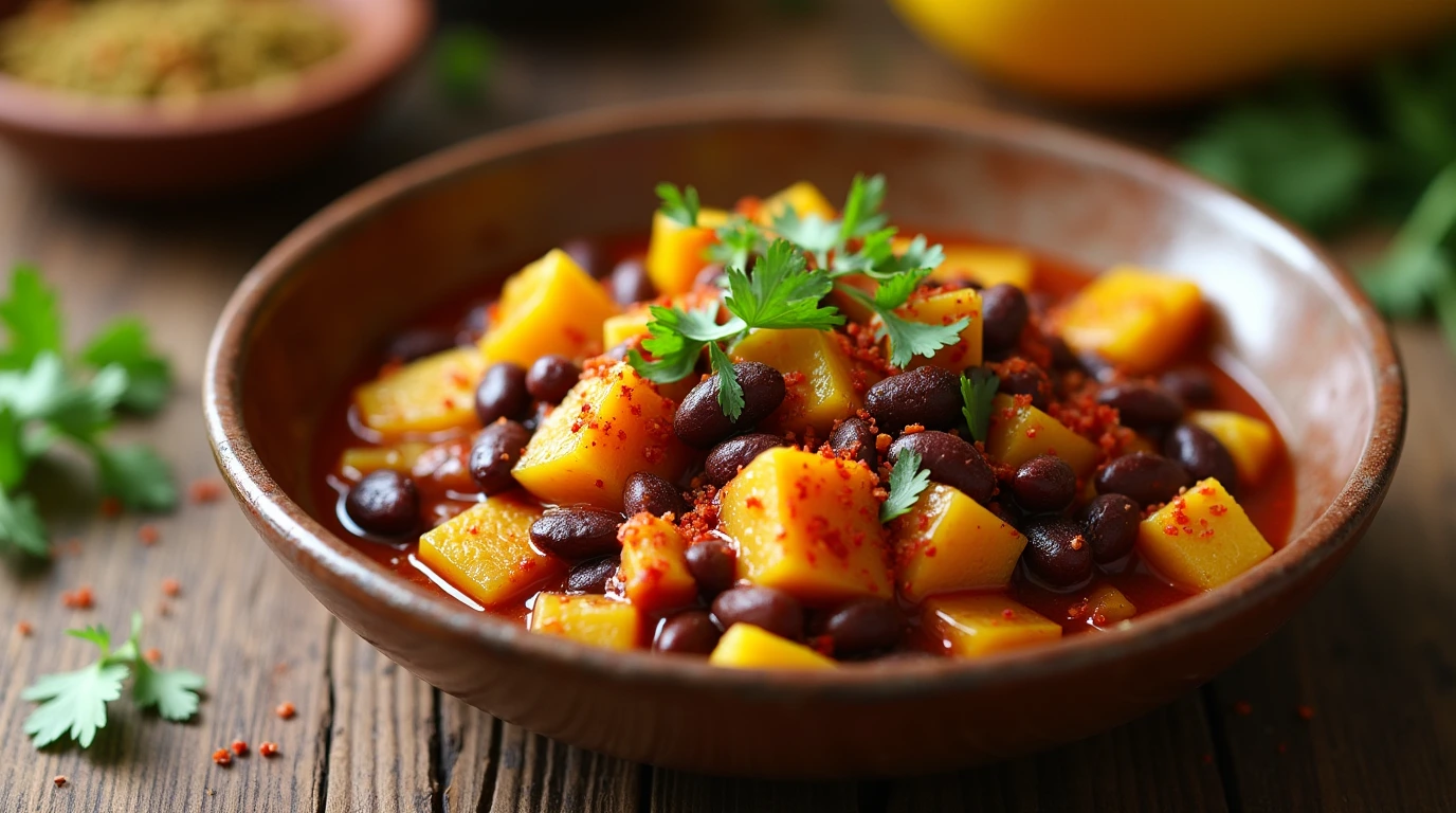 A close-up of a rustic bowl filled with Recipe Squash and Kidney Beans, featuring tender chunks of golden squash and plump kidney beans simmered in a rich, spiced sauce. Garnished with fresh cilantro and a sprinkle of paprika, the dish is presented on a wooden table with warm, natural lighting, evoking a cozy, homemade feel.