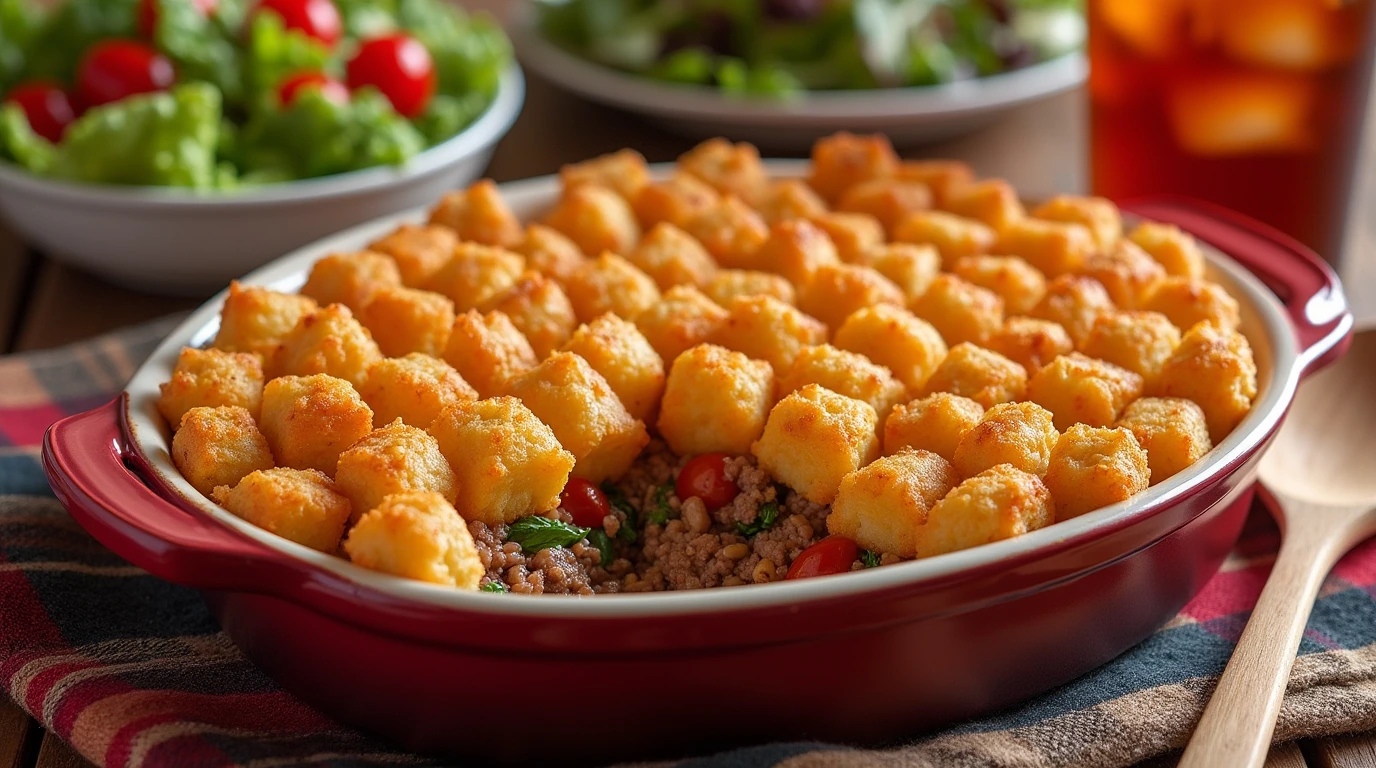 A golden-brown Rick Nolan Hotdish in a casserole dish topped with crispy tater tots, with creamy layers of beef, vegetables, and sauce underneath.