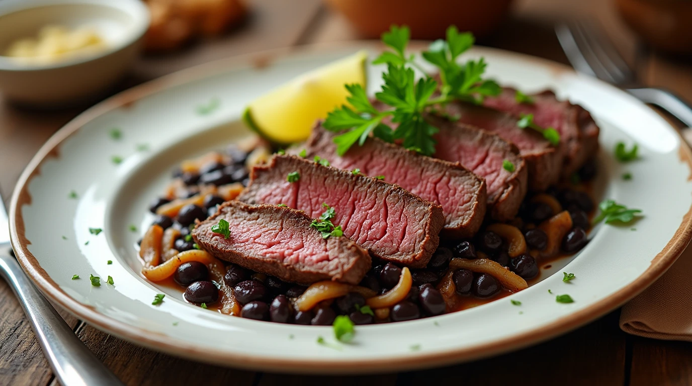 A plate of steak and beans and onions featuring tender sliced steak, caramelized onions, and savory beans garnished with fresh parsley.