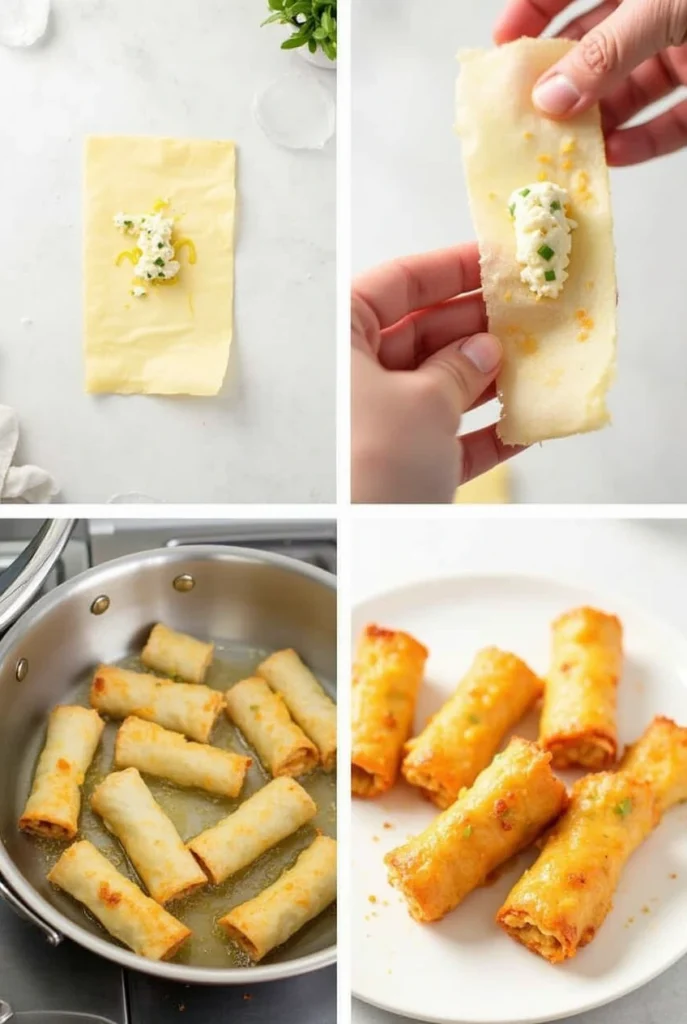 Step-by-step process of making crispy goat cheese jalapeño egg rolls, showing filling preparation, rolling the egg rolls, and frying them to golden perfection.