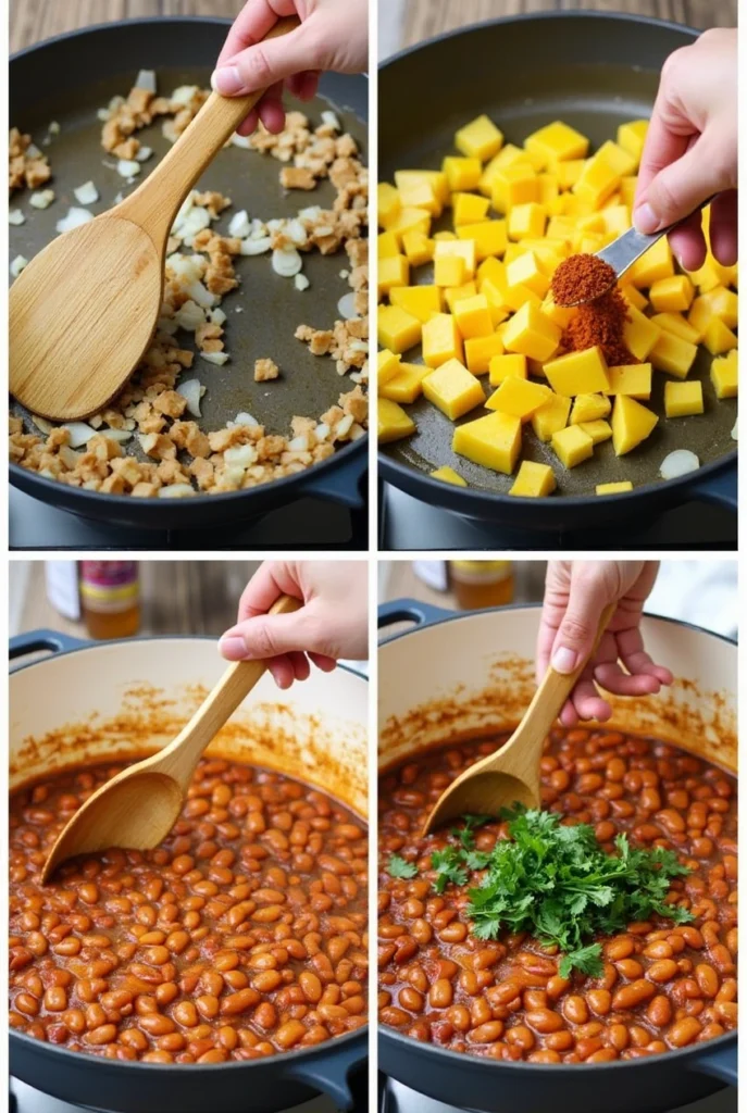 A step-by-step cooking scene for Recipe Squash and Kidney Beans, showing a skillet on a stovetop with sautéed onions, garlic, golden squash, and kidney beans simmering in a spiced sauce. Hands are stirring the mixture with a wooden spoon, and fresh cilantro is being added. Warm lighting and a cozy kitchen backdrop create a homemade, comforting vibe.