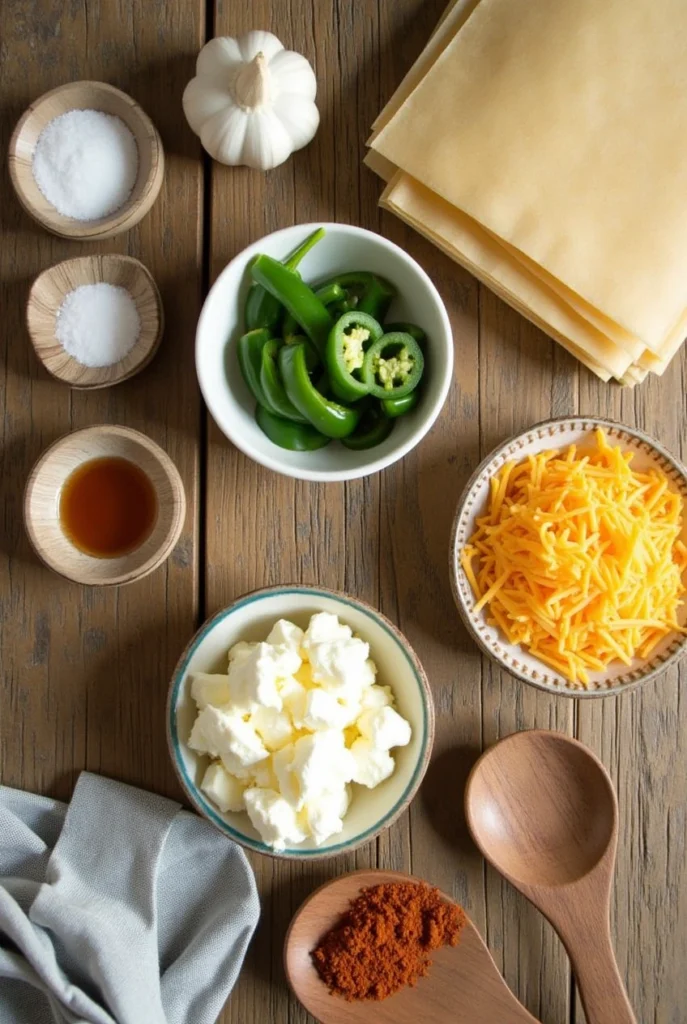 Fresh ingredients for crispy goat cheese jalapeño egg rolls, including egg roll wrappers, goat cheese, diced jalapeños, shredded cheddar, and seasonings, arranged on a rustic wooden surface.