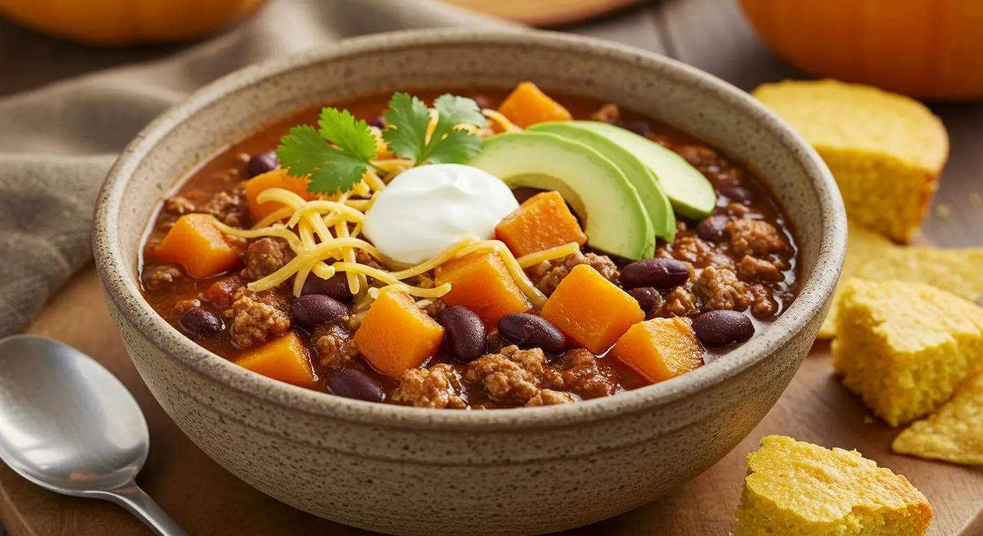 A hearty bowl of Butternut Squash Turkey Chili Slow Cooker, filled with tender butternut squash, ground turkey, beans, and a rich tomato-based broth, garnished with fresh cilantro, sour cream, and shredded cheese.