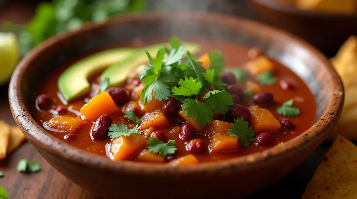 A steaming bowl of Butternut Squash and Kidney Bean Chili, garnished with fresh cilantro, avocado slices, and a lime wedge, served with cornbread and tortilla chips on a rustic wooden table.