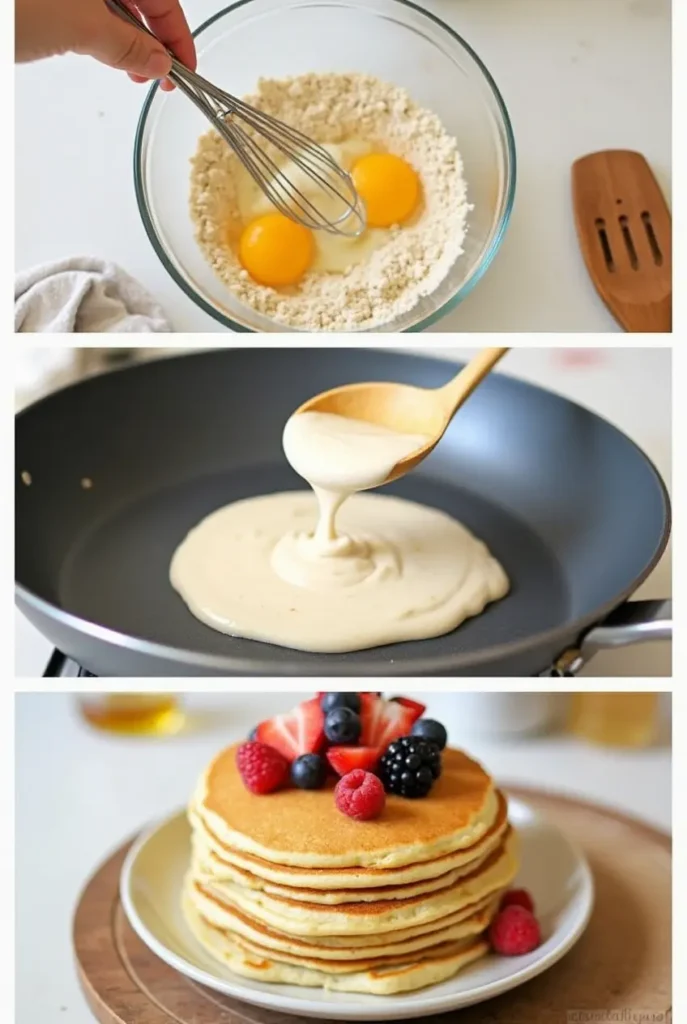 Step-by-step process of making protein pancakes without protein powder, showing batter mixing, pouring onto a skillet, and flipping golden-brown pancakes.