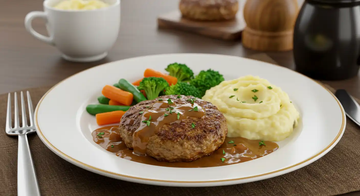 Delicious Salisbury steak made with ground chicken, served with rich gravy, mashed potatoes, and steamed vegetables on a plate.