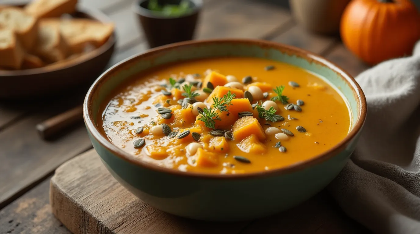 A warm, creamy bowl of white bean and butternut squash soup, garnished with fresh herbs and toasted seeds, served on a rustic wooden table with a side of crusty bread.