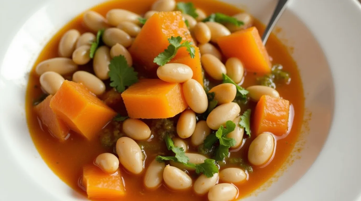 A hearty bowl of butternut squash and cannellini bean stew, garnished with fresh herbs and served with crusty bread on a rustic wooden table.