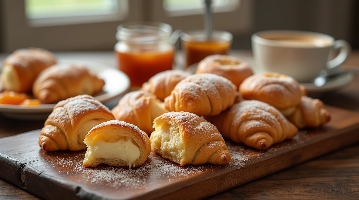 Golden-brown, flaky Gipfeli pastries arranged on a wooden tray, with a side of butter and apricot jam, capturing the perfect Swiss breakfast experience.