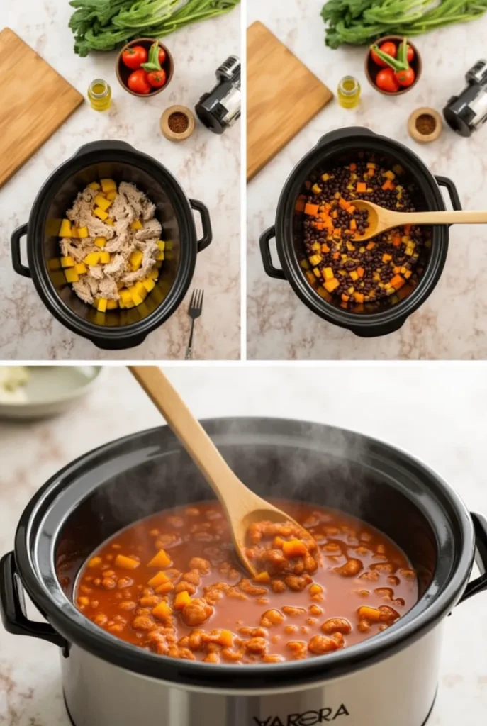 A slow cooker filled with browned ground turkey, diced butternut squash, black beans, kidney beans, and a rich tomato-based broth, being stirred with a wooden spoon as steam rises, showcasing the cooking process of Butternut Squash Turkey Chili Slow Cooker.