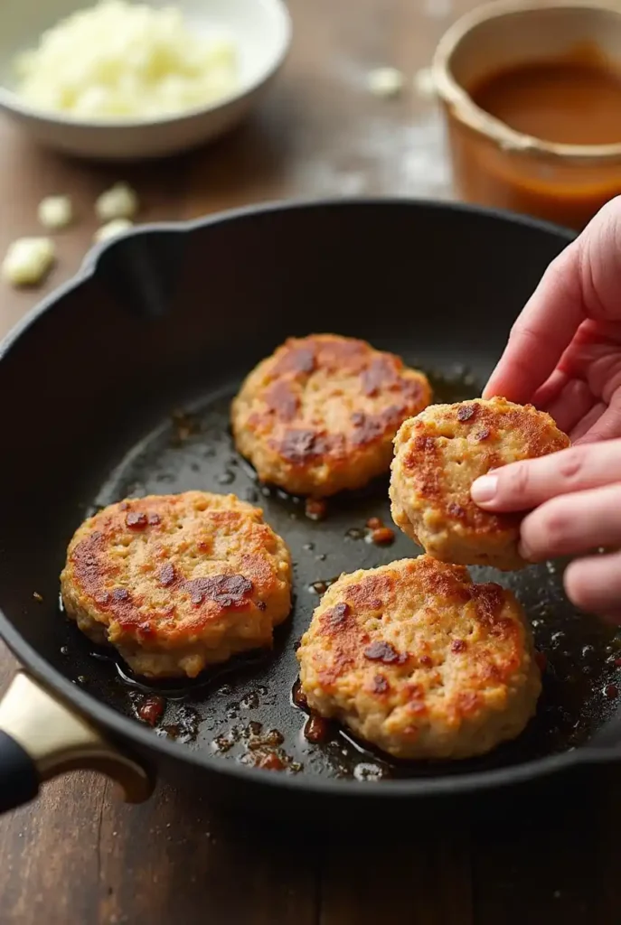 Step-by-step process of making Salisbury steak with ground chicken, showing hands shaping the patties and adding them to a skillet.