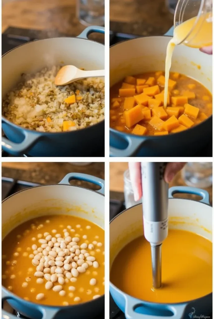 A step-by-step cooking process of White Bean and Butternut Squash soup, showing sautéed onions and garlic, cubed butternut squash simmering in broth, and an immersion blender creating a creamy texture.