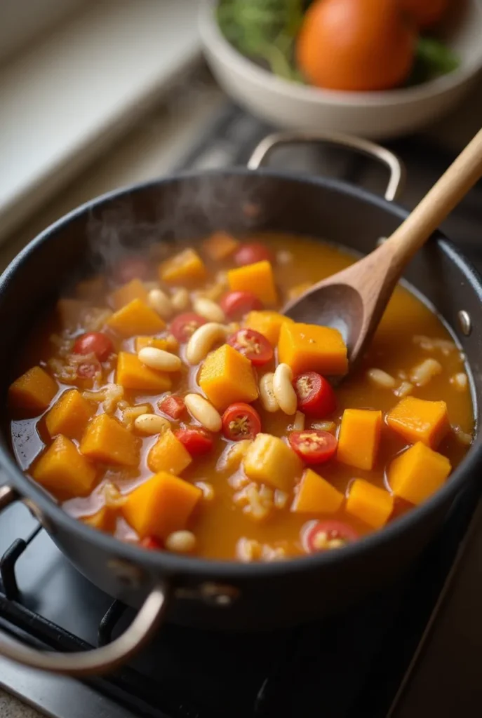 A simmering pot of butternut squash and cannellini bean stew, with chunks of squash, white beans, tomatoes, and vegetables being stirred with a wooden spoon on a stovetop.