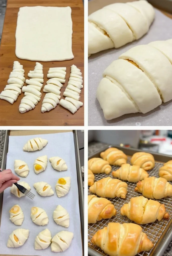 Step-by-step process of making Gipfeli, showing dough rolled out on a floured surface, cut into triangles, and being shaped into crescent pastries before baking.