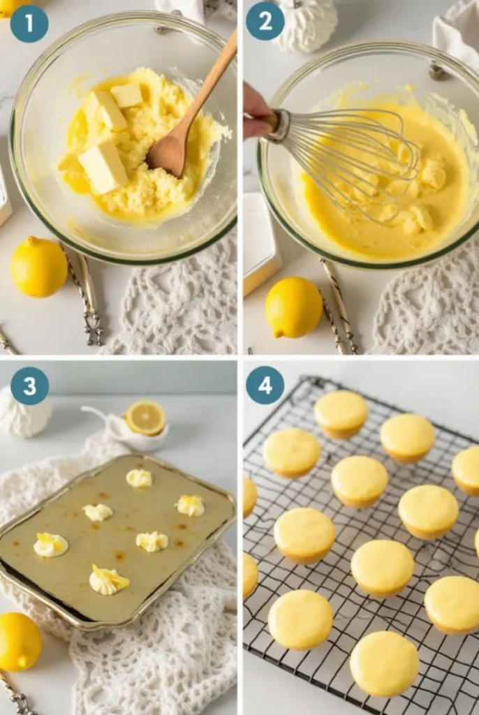 Step-by-step process of making Lemon Cakes Great Gatsby Recipe, including creaming butter and sugar, mixing lemon zest into batter, and baking golden mini cakes.