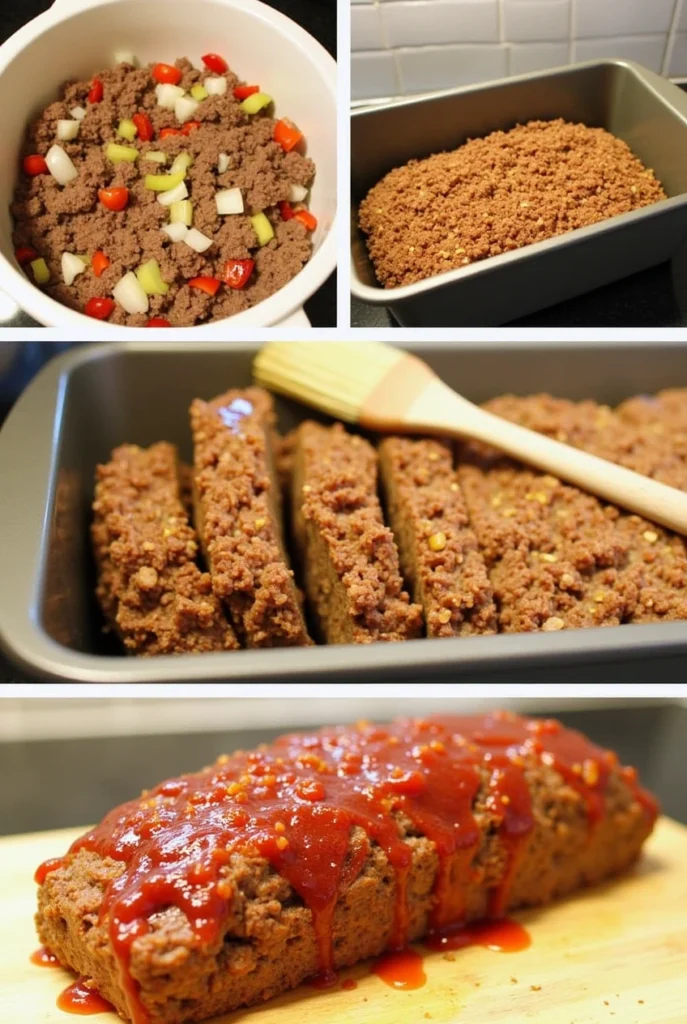 Step-by-step process of making Creole meatloaf, including mixing ground beef with seasonings, shaping it in a loaf pan, glazing with Creole sauce, and baking.