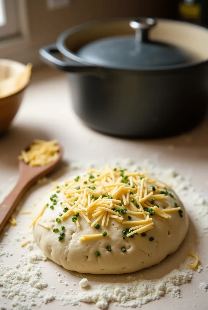 A step-by-step process of making vegan jalapeño cheddar artisan bread, showing dough preparation, rising, shaping, and baking to achieve a crispy crust.