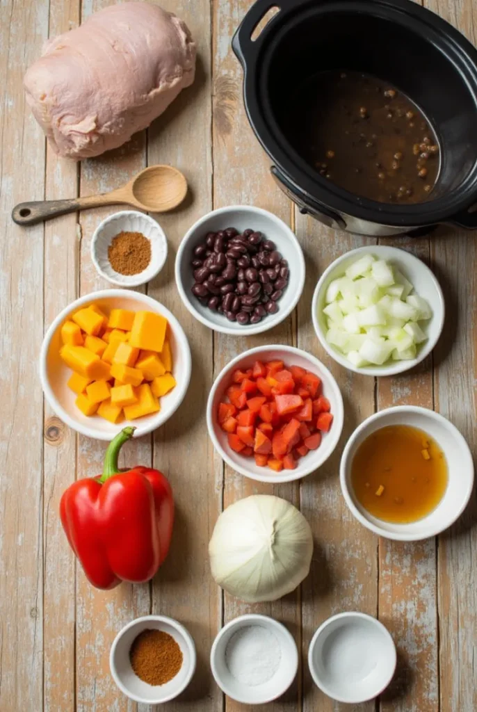 A top-down view of fresh ingredients for Butternut Squash Turkey Chili Slow Cooker, including diced butternut squash, ground turkey, beans, tomatoes, broth, and spices, neatly arranged on a rustic wooden surface.