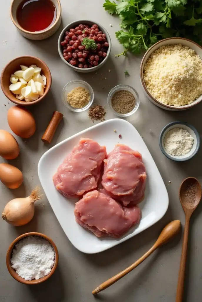 Ingredients for Salisbury steak recipe with ground chicken, including ground chicken, breadcrumbs, egg, onions, and spices