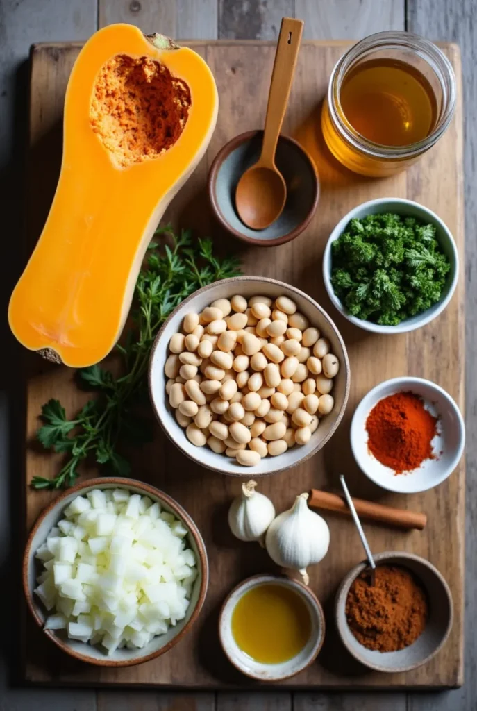 A top-down view of fresh ingredients for White Bean and Butternut Squash soup, including cubed butternut squash, white beans, onions, garlic, spices, and vegetable broth on a rustic wooden countertop.