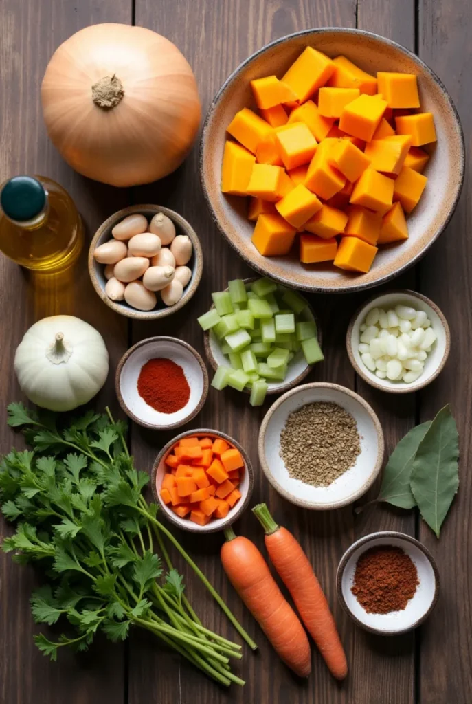 A top-down view of fresh ingredients for butternut squash and cannellini bean stew, including diced butternut squash, cannellini beans, garlic, onion, carrots, celery, diced tomatoes, olive oil, and spices, arranged on a rustic wooden surface.