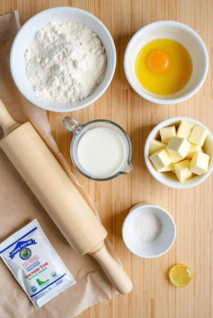 A top-down view of Gipfeli ingredients arranged on a wooden surface, including flour, butter, sugar, yeast, milk, salt, and an egg yolk in small bowls, with a rolling pin nearby.