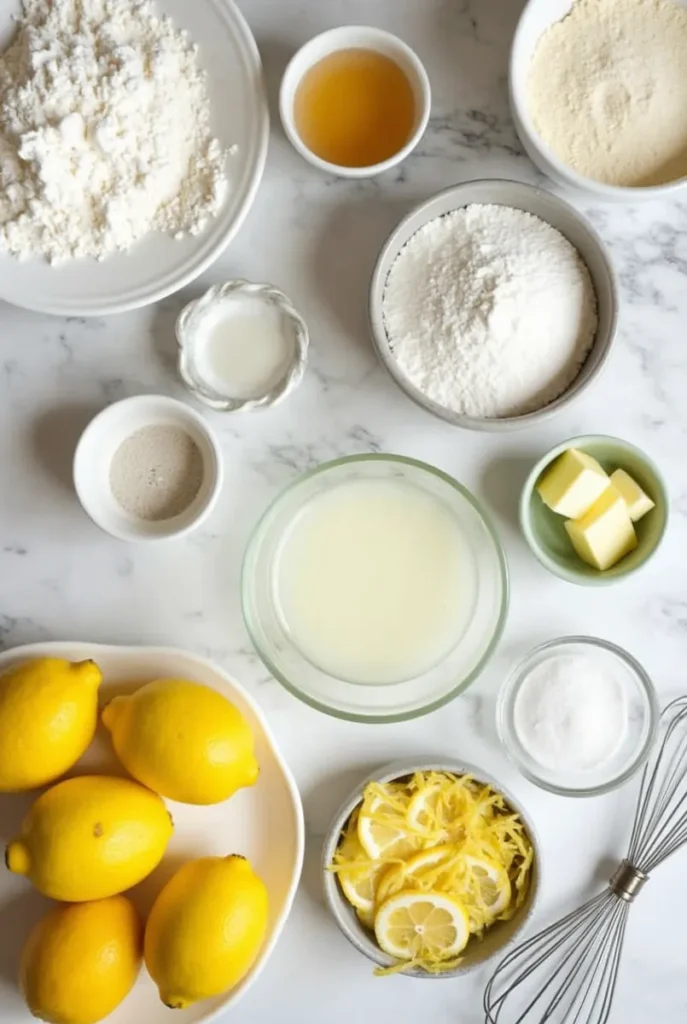 Fresh ingredients for a Lemon Cakes Great Gatsby Recipe, including cake flour, eggs, butter, sugar, buttermilk, vanilla extract, and fresh lemons on a marble countertop.