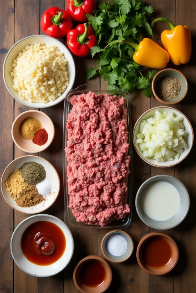 A flat-lay shot of fresh ingredients for Creole-style meatloaf, including ground beef, breadcrumbs, eggs, chopped onions, bell peppers, garlic, Creole seasoning, and a bowl of tangy glaze.