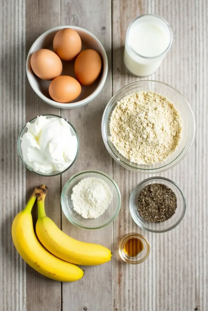 Fresh ingredients for protein pancakes without protein powder, including oat flour, eggs, Greek yogurt, milk, banana, honey, chia seeds, and cinnamon, arranged on a wooden countertop.