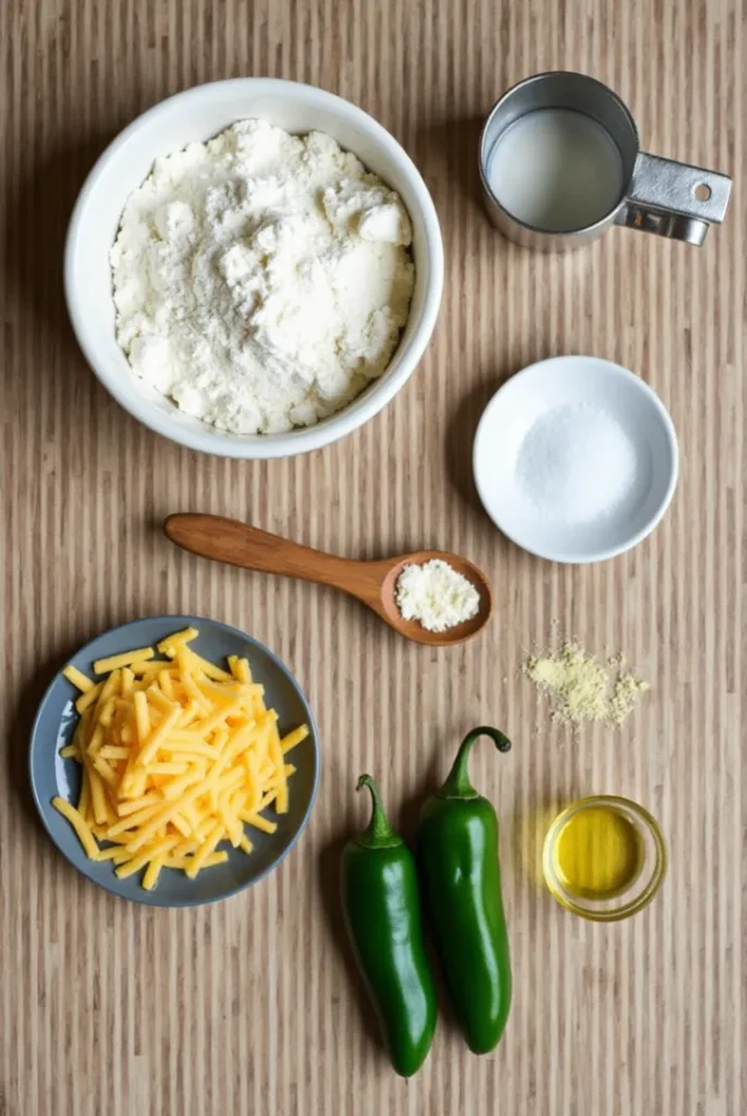 A flat lay of ingredients for a vegan jalapeño cheddar artisan bread recipe, including bread flour, vegan cheddar, jalapeños, yeast, olive oil, and sea salt.