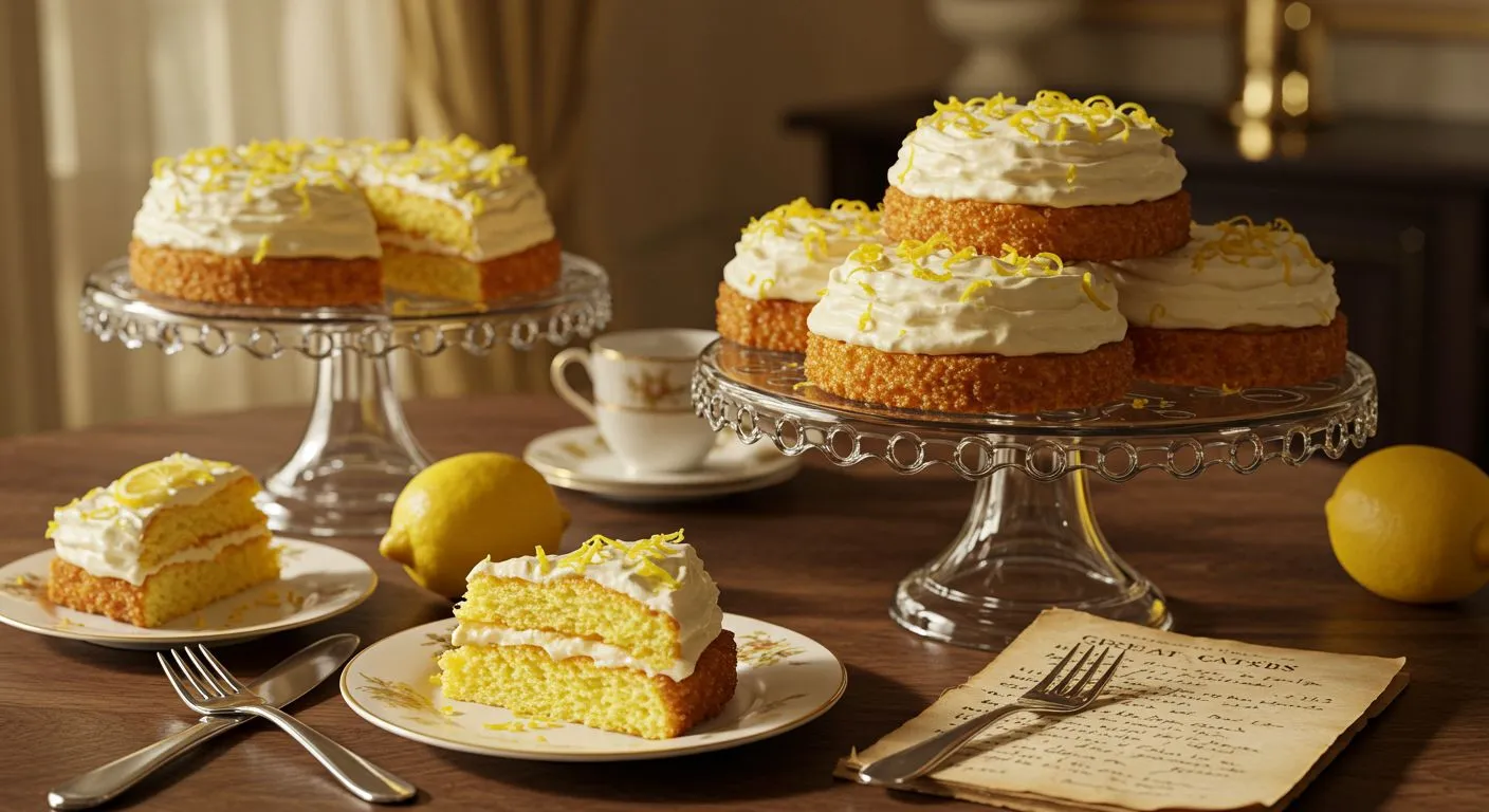 A plate of elegant lemon cakes inspired by The Great Gatsby, adorned with gold-dusted glaze, edible pearls, and fresh lemon zest, served on a vintage porcelain tray.