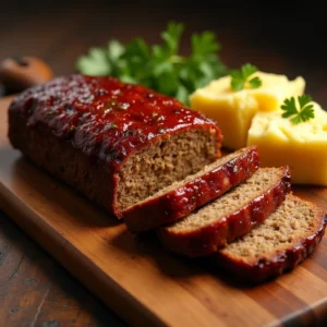 A freshly baked Creole-style meatloaf with a caramelized glaze, sliced on a wooden cutting board, served with mashed potatoes and cornbread on the side.