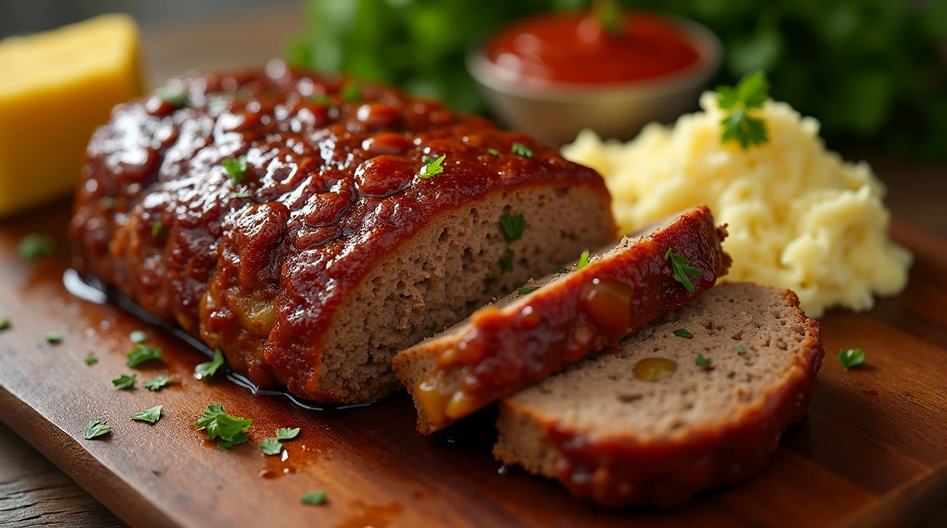 A freshly baked Creole-style meatloaf with a caramelized glaze, sliced on a wooden cutting board, served with mashed potatoes and cornbread on the side.