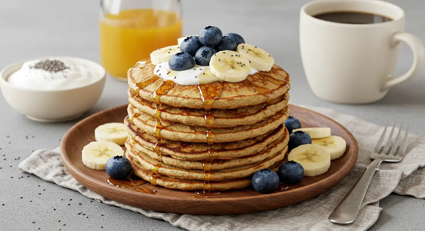 A stack of fluffy protein pancakes without protein powder, topped with fresh blueberries, sliced bananas, and a drizzle of honey, served on a rustic plate.