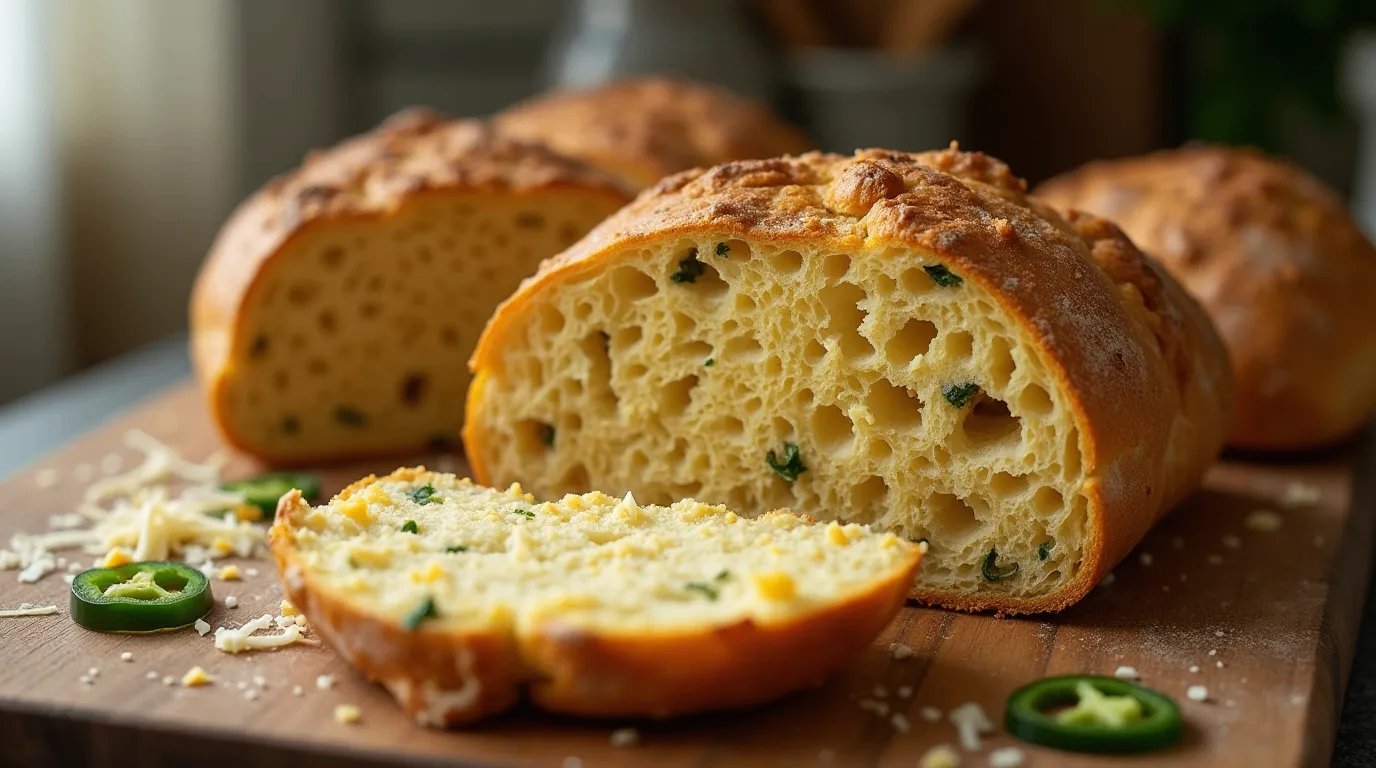 A freshly baked vegan jalapeño cheddar artisan bread with a golden-brown crust, sliced open to reveal a soft, cheesy interior with flecks of jalapeños.